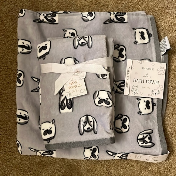 Envogue Velour 3 pc Cotton Bath and Hand Towel Set Dog Print Made to Last - Picture 1 of 8